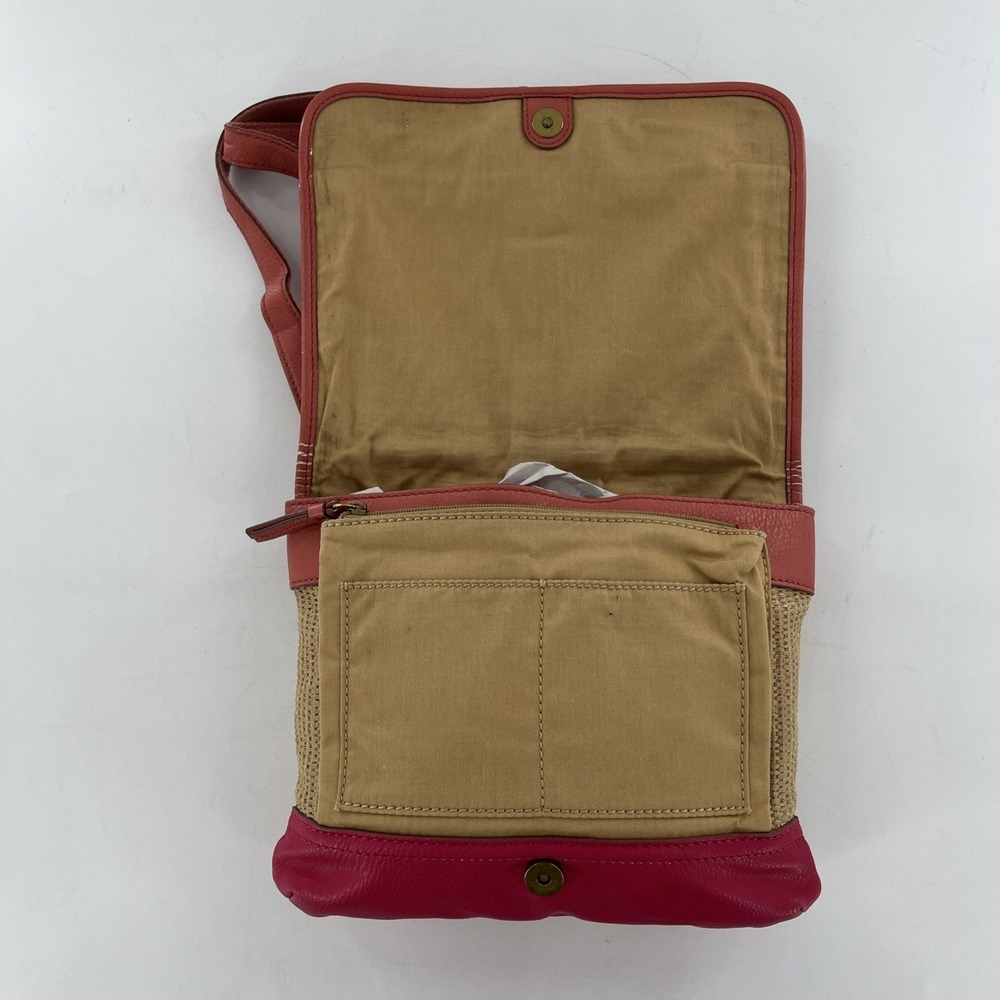 Rare Vintage Fossil Crossbody Messenger Straw & Leather Tablet Bag Pink Coral - Picture 11 of 16